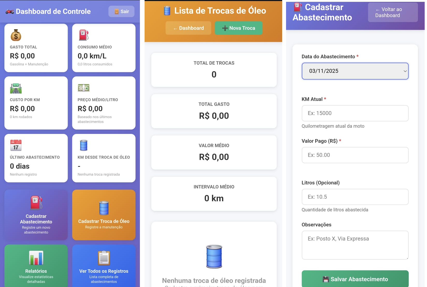 Screenshot do projeto Gestão de Gasolina e Óleo